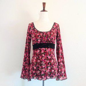 90s Y2K Vintage Self Esteem Pink Floral Bell Sleeve Empire Waist Top